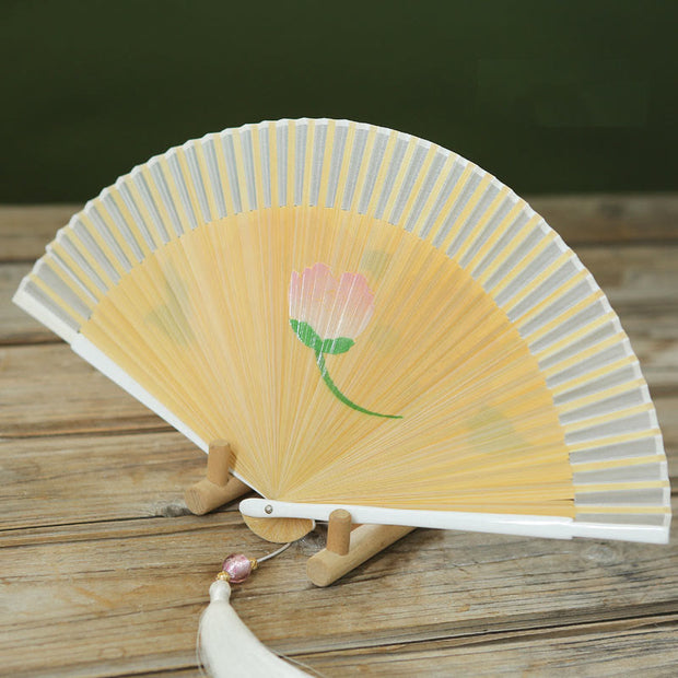 Buddha Stones Peony Flowers Silk Handheld Bamboo Folding Fan Folding Fan BS 8