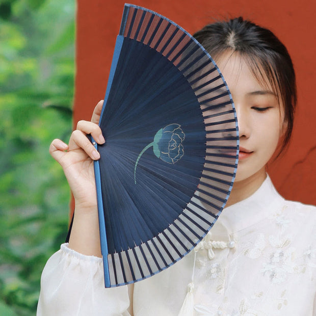 Buddha Stones Peony Flowers Silk Handheld Bamboo Folding Fan Folding Fan BS 5