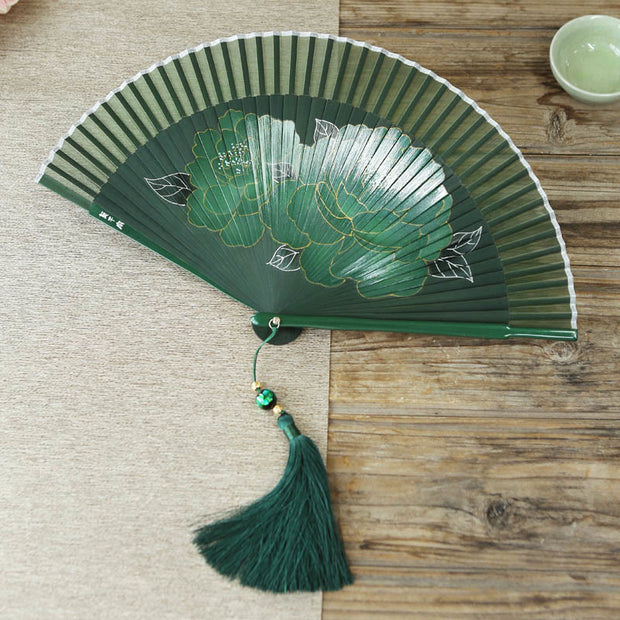 Buddha Stones Peony Flowers Silk Handheld Bamboo Folding Fan Folding Fan BS Green Peony 21cm