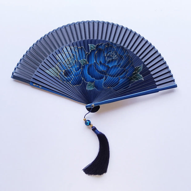 Buddha Stones Peony Flowers Silk Handheld Bamboo Folding Fan Folding Fan BS 1