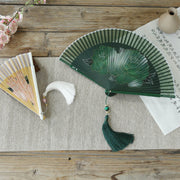 Buddha Stones Peony Flowers Silk Handheld Bamboo Folding Fan