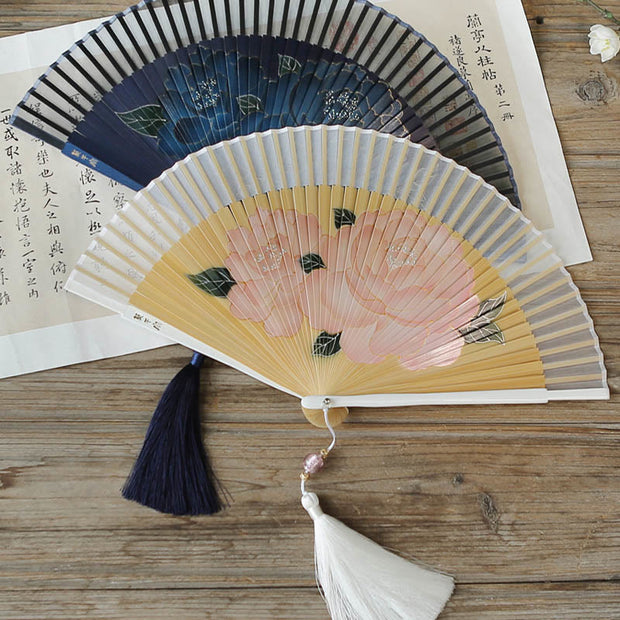 Buddha Stones Peony Flowers Silk Handheld Bamboo Folding Fan Folding Fan BS 12