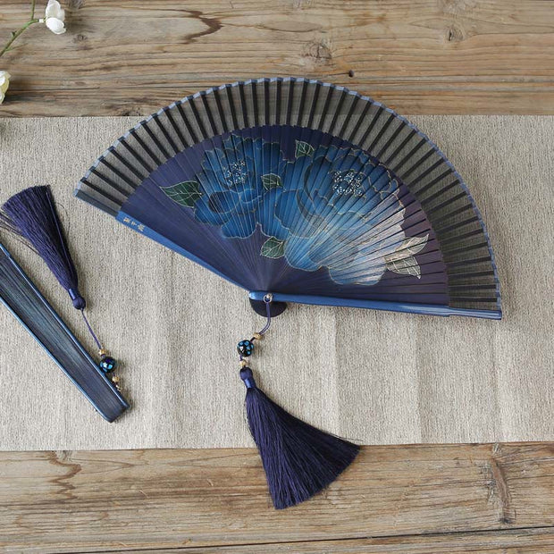 Buddha Stones Peony Flowers Silk Handheld Bamboo Folding Fan Folding Fan BS 2