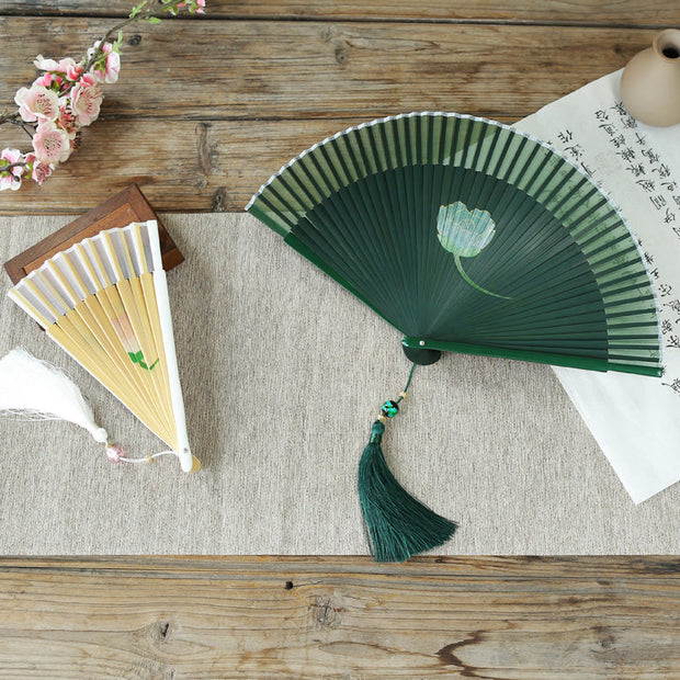 Buddha Stones Peony Flowers Silk Handheld Bamboo Folding Fan Folding Fan BS 16