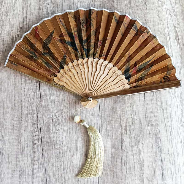 Buddha Stones Flower Persimmon Bamboo Leaves Xiangyunsha Silk Handheld Bamboo Folding Fan