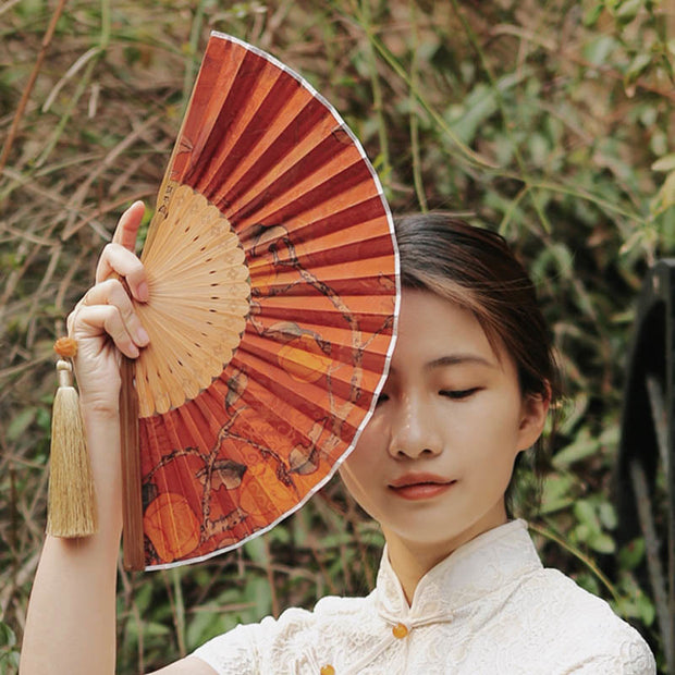 Buddha Stones Flower Persimmon Bamboo Leaves Xiangyunsha Silk Handheld Bamboo Folding Fan Folding Fan BS 9