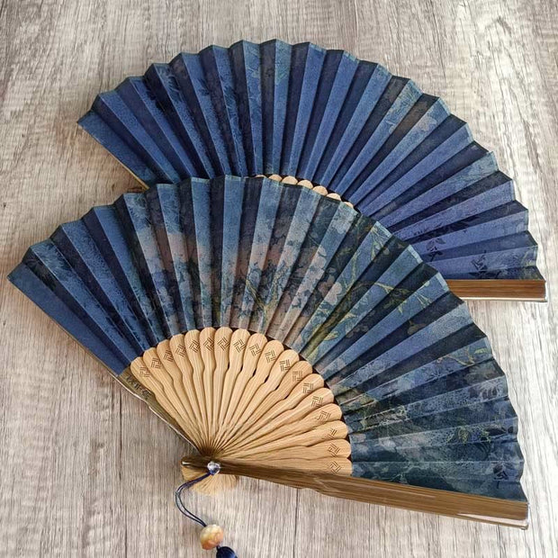 Buddha Stones Flower Persimmon Bamboo Leaves Xiangyunsha Silk Handheld Bamboo Folding Fan