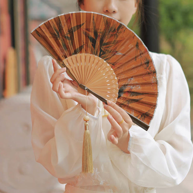 Buddha Stones Flower Persimmon Bamboo Leaves Xiangyunsha Silk Handheld Bamboo Folding Fan