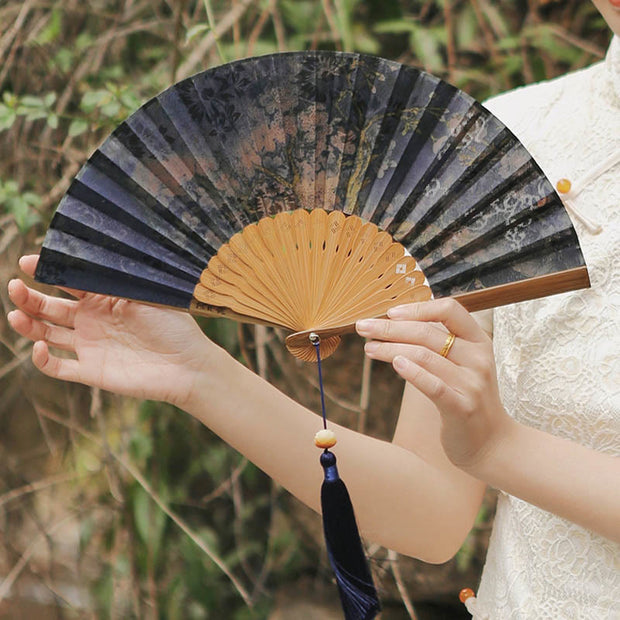 Buddha Stones Flower Persimmon Bamboo Leaves Xiangyunsha Silk Handheld Bamboo Folding Fan