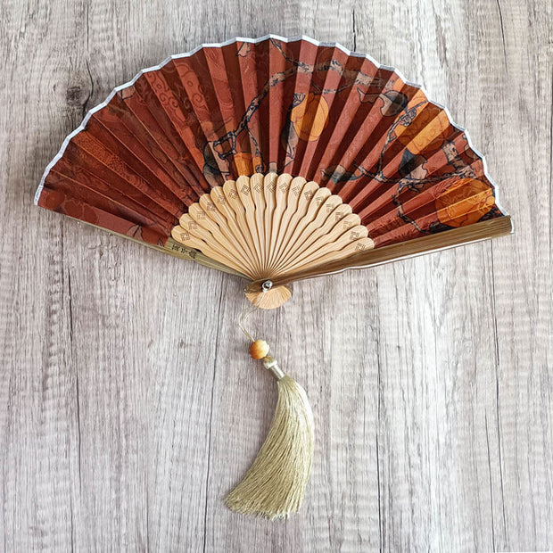 Buddha Stones Flower Persimmon Bamboo Leaves Xiangyunsha Silk Handheld Bamboo Folding Fan Folding Fan BS Persimmon 21cm