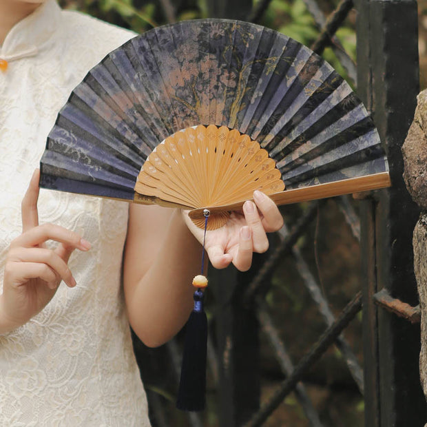 Buddha Stones Flower Persimmon Bamboo Leaves Xiangyunsha Silk Handheld Bamboo Folding Fan Folding Fan BS 3