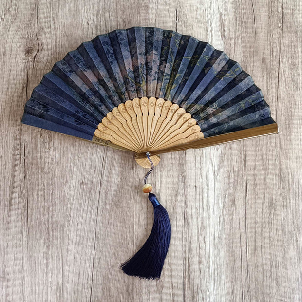 Buddha Stones Flower Persimmon Bamboo Leaves Xiangyunsha Silk Handheld Bamboo Folding Fan Folding Fan BS Blooming Blue Purple 21cm