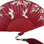 Buddha Stones Crane Plum Blossom Handheld Silk Bamboo Folding Fan Folding Fan BS 16