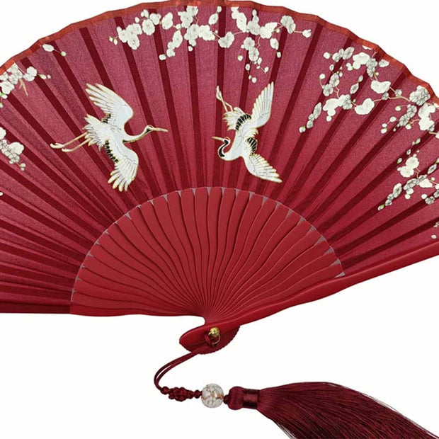 Buddha Stones Crane Plum Blossom Handheld Silk Bamboo Folding Fan