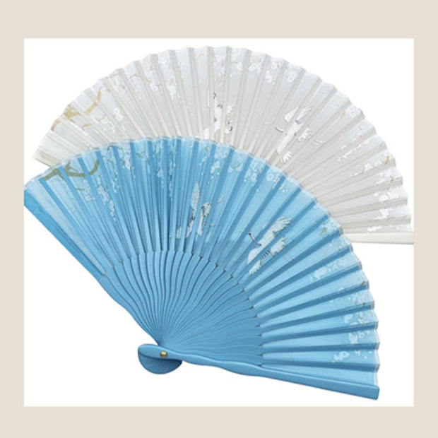 Buddha Stones Crane Plum Blossom Handheld Silk Bamboo Folding Fan Folding Fan BS 13