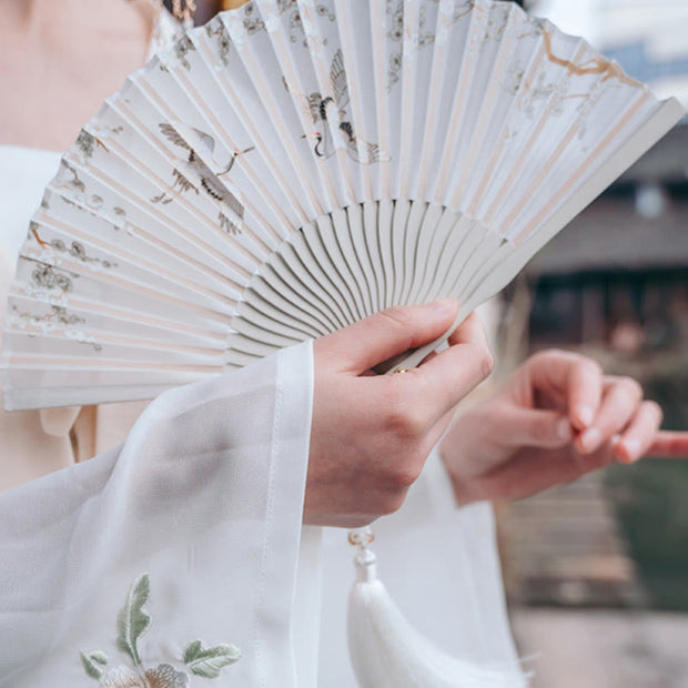 Buddha Stones Crane Plum Blossom Handheld Silk Bamboo Folding Fan Folding Fan BS 2