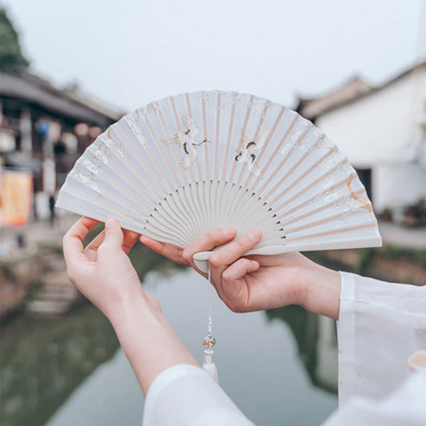 Buddha Stones Crane Plum Blossom Handheld Silk Bamboo Folding Fan Folding Fan BS 5