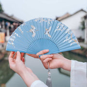 Buddha Stones Crane Plum Blossom Handheld Silk Bamboo Folding Fan Folding Fan BS 9