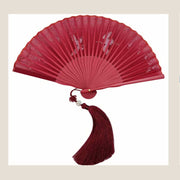 Buddha Stones Crane Plum Blossom Handheld Silk Bamboo Folding Fan Folding Fan BS 15