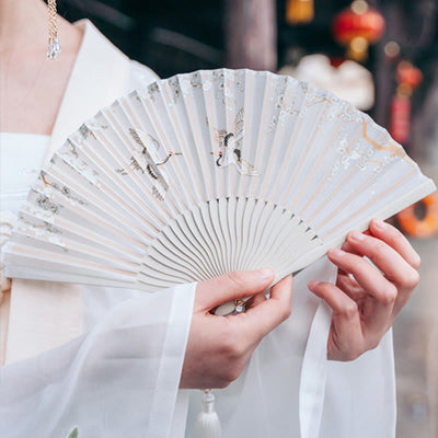 Buddha Stones Crane Plum Blossom Handheld Silk Bamboo Folding Fan