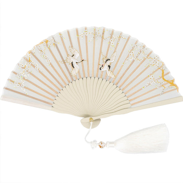 Buddha Stones Crane Plum Blossom Handheld Silk Bamboo Folding Fan Folding Fan BS 4