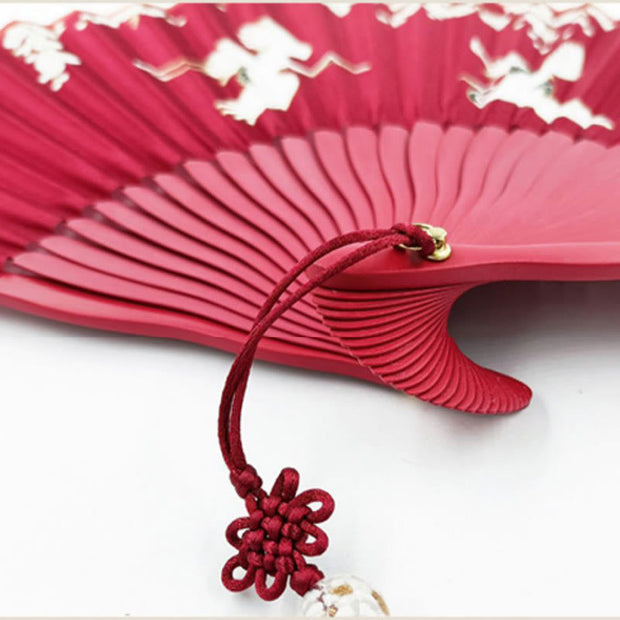 Buddha Stones Crane Plum Blossom Handheld Silk Bamboo Folding Fan Folding Fan BS 17