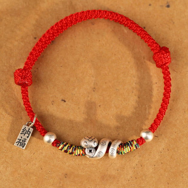 Buddha Stones 999 Sterling Silver Year of the Snake Handmade Lucky Fortune Fu Character Copper Coin Blessing Bracelet Bracelet BS Red(Wrist Circumference 14-18cm)