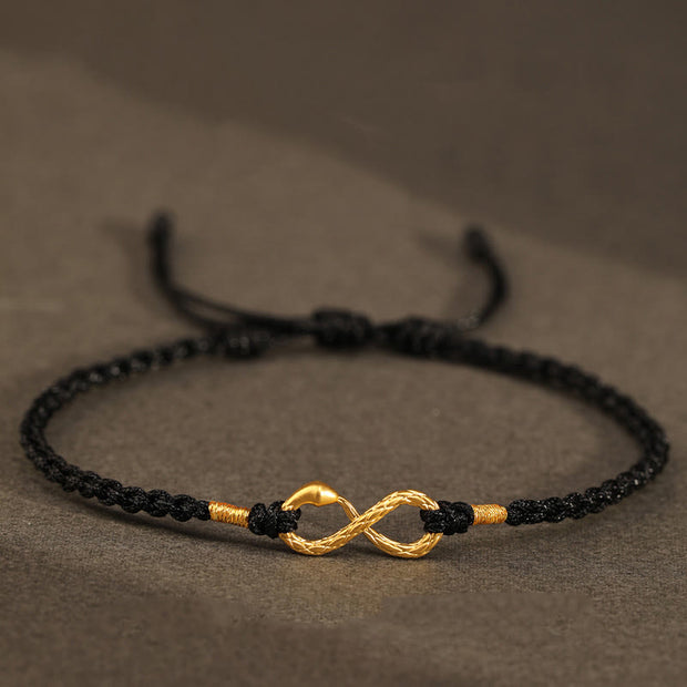 Buddha Stones 999 Gold Year of the Snake Eternal Endless Knot Infinity Handmade Luck Bracelet Bracelet BS 999 Gold Snake Black(Wrist Circumference 14-18cm)