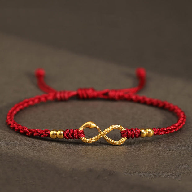 Buddha Stones 999 Gold Year of the Snake Eternal Endless Knot Infinity Handmade Luck Bracelet Bracelet BS 999 Gold Mini Four Bead Snake Dark Red(Wrist Circumference 14-18cm)