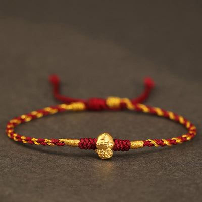 Buddha Stones 999 Gold Year of the Snake Handmade Fu Character Copper Coin Fortune Bracelet Bracelet BS Gold Dark Red(Wrist Circumference 14-18cm)