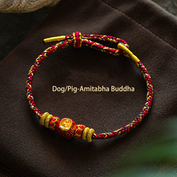 Buddha Stones 999 Gold Chinese Zodiac Natal Buddha Year of the Snake Luck Handcrafted Rope Bracelet Bracelet BS Dog/Pig-Amitabha Buddha-Red 15-17cm