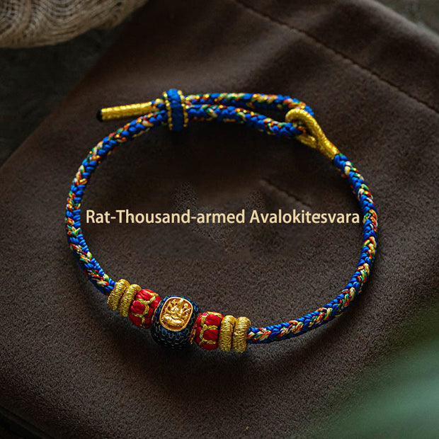 Buddha Stones 999 Gold Chinese Zodiac Natal Buddha Year of the Snake Luck Handcrafted Rope Bracelet Bracelet BS Rat-Thousand-armed Avalokitesvara-Blue 15-17cm