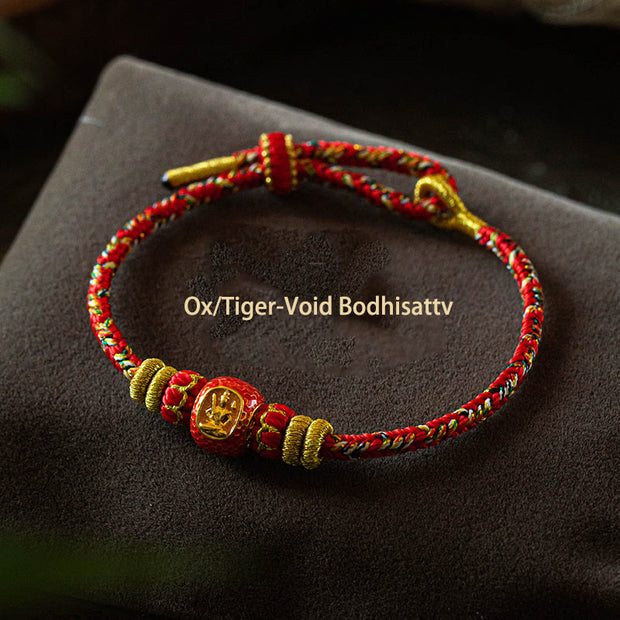 Buddha Stones 999 Gold Chinese Zodiac Natal Buddha Year of the Snake Luck Handcrafted Rope Bracelet Bracelet BS Ox/Tiger-Void Bodhisattva-Red 15-17cm