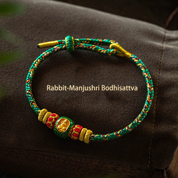 Buddha Stones 999 Gold Chinese Zodiac Natal Buddha Year of the Snake Luck Handcrafted Rope Bracelet Bracelet BS Rabbit-Manjushri Bodhisattva-Green 15-17cm