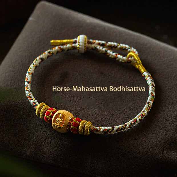 Buddha Stones 999 Gold Chinese Zodiac Natal Buddha Year of the Snake Luck Handcrafted Rope Bracelet Bracelet BS Horse-Mahasattva Bodhisattva-Beige 15-17cm