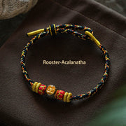 Buddha Stones 999 Gold Chinese Zodiac Natal Buddha Year of the Snake Luck Handcrafted Rope Bracelet Bracelet BS Rooster-Acalanatha-Black 15-17cm