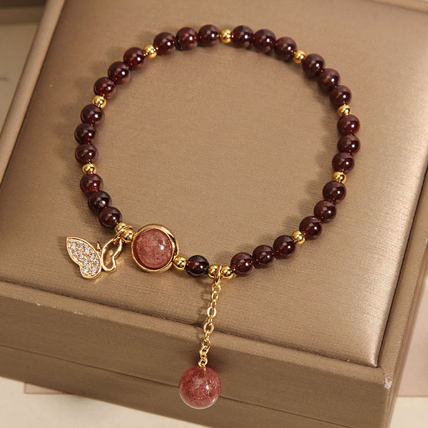 Buddha Stones Natural Garnet Strawberry Quartz Butterfly Protection Bracelet Bracelet BS 3