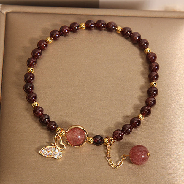 Buddha Stones Natural Garnet Strawberry Quartz Butterfly Protection Bracelet Bracelet BS 2