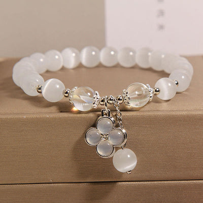 Buddha Stones Cat's Eye Crystal Lucky Four Leaf Clover Charm Love Bracelet Bracelet BS Cat's Eye(Wrist Circumference 14-16cm)