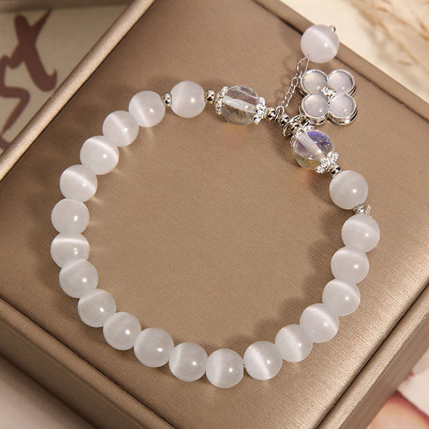 Buddha Stones Cat's Eye Crystal Lucky Four Leaf Clover Charm Love Bracelet Bracelet BS 2