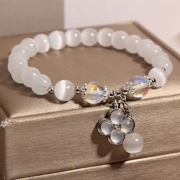 Buddha Stones Cat's Eye Crystal Lucky Four Leaf Clover Charm Love Bracelet Bracelet BS 4