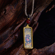 Buddha Stones Tibet Zakiram Yellow God of Wealth Nine-Tailed Fox Hand-Painted Thangka Calm Necklace Pendant