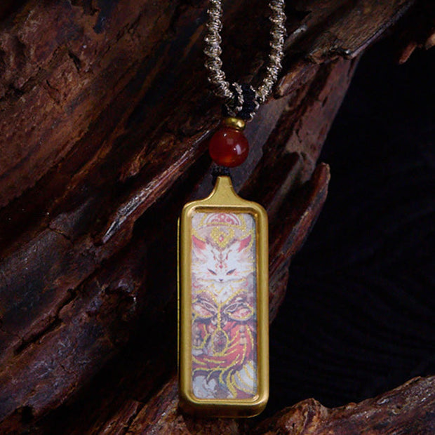 Buddha Stones Tibet Zakiram Yellow God of Wealth Nine-Tailed Fox Hand-Painted Thangka Calm Necklace Pendant Necklaces & Pendants BS Nine-Tailed Fox