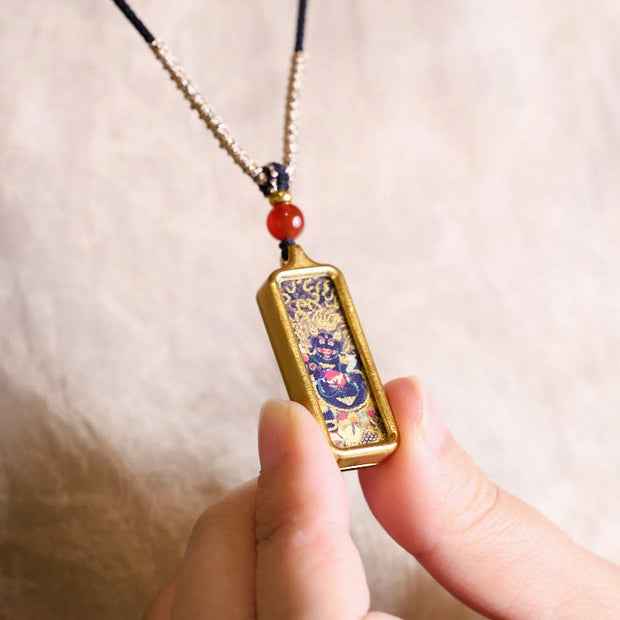 Buddha Stones Tibet Zakiram Yellow God of Wealth Nine-Tailed Fox Hand-Painted Thangka Calm Necklace Pendant