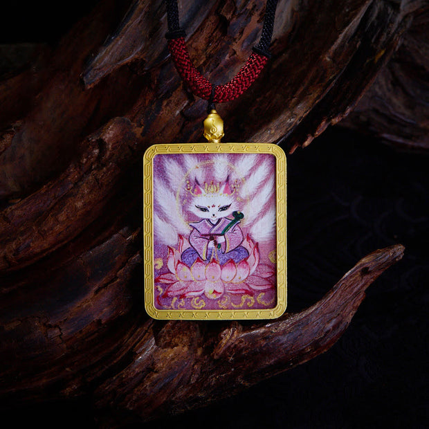 Buddha Stones Tibetan Zakiram Nine-Tailed Fox Yellow God of Wealth Painted Thangka Hope Necklace Pendant Necklaces & Pendants BS Nine-Tailed Fox