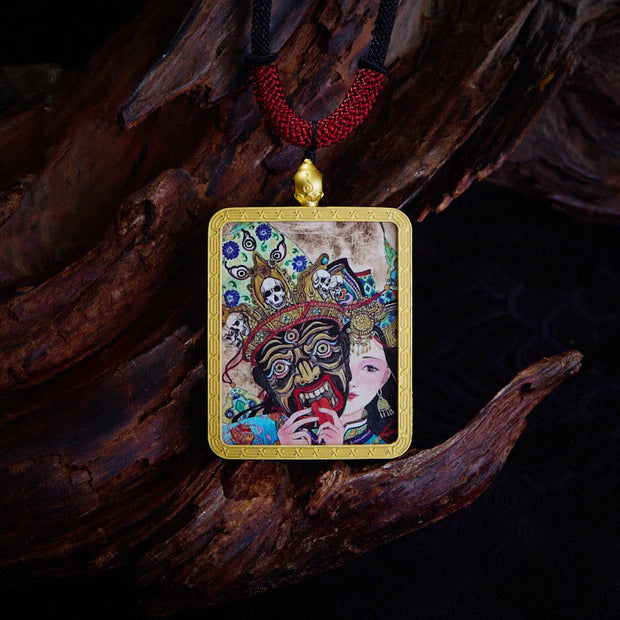 Buddha Stones Tibetan Zakiram Nine-Tailed Fox Yellow God of Wealth Painted Thangka Hope Necklace Pendant Necklaces & Pendants BS Past And Present Life