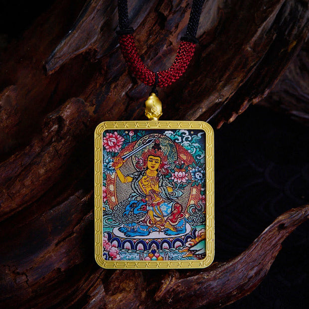 Buddha Stones Tibetan Zakiram Nine-Tailed Fox Yellow God of Wealth Painted Thangka Hope Necklace Pendant Necklaces & Pendants BS Manjusri