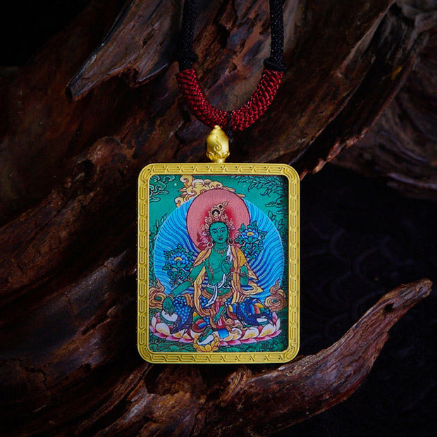 Buddha Stones Tibetan Zakiram Nine-Tailed Fox Yellow God of Wealth Painted Thangka Hope Necklace Pendant Necklaces & Pendants BS Green Tara