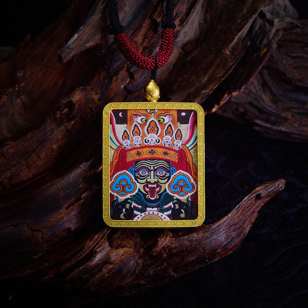 Buddha Stones Tibetan Zakiram Nine-Tailed Fox Yellow God of Wealth Painted Thangka Hope Necklace Pendant