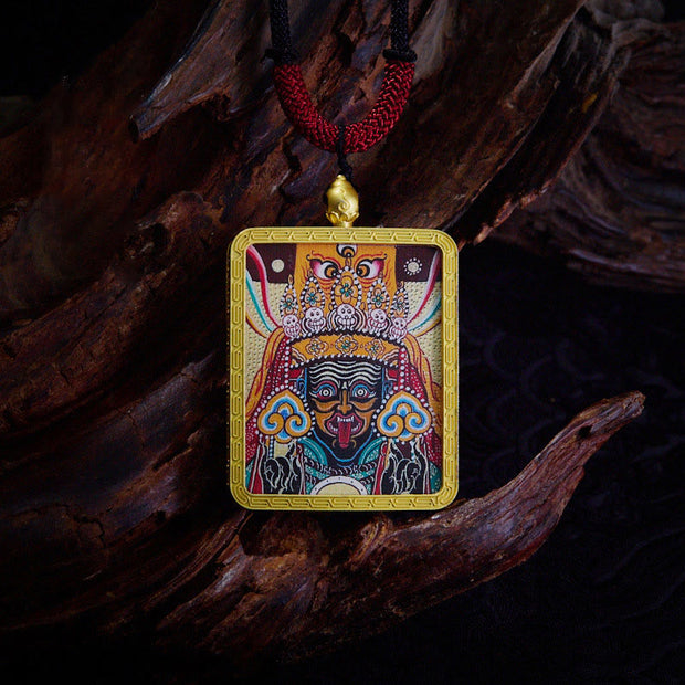 Buddha Stones Tibetan Zakiram Nine-Tailed Fox Yellow God of Wealth Painted Thangka Hope Necklace Pendant Necklaces & Pendants BS Zakiram Beige